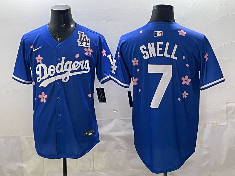 Men Nike 2026 Los Angeles Dodgers #7 Snell Blue Sakura Edition Game MLB Jersey 003